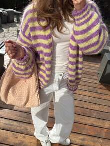 Women's Cute Commute V-Neck Long Sleeve Knit Cardigan, Soft Ribbed Knit Striped Cardigan, Autumn Daily Comfortable Minimalist Loose Top - Purple - View 3