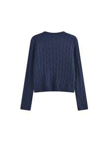 Women's Autumn/Winter Cable Knit Cardigan, Round Neck Classic Embroidered Soft Wool Sweater Jacket, Crop Top - Royal Blue - View 3