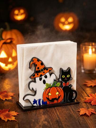 1pc Wooden Halloween Napkin Holder With Pumpkin, Black Cat And Ghost Patterns, Desktop Paper Towel Storage Rack, Witch Hat Style, Holiday Tabletop Decoration, Ornament, Party And Kitchen Napkin Storage Supplies, Autumn Decor, Bedroom Decor, Christmas Decoration, Living Room Accessories, Party Supplies, Halloween Decor, Graduation Decor, Home Supplies, Halloween Home Decor, Bathroom Decor, Travel Essentials, Bedroom Accessories, Birthday Gift For Women, Suitable For Halloween, Theme Party, Halloween Party Supplies, Room Decor