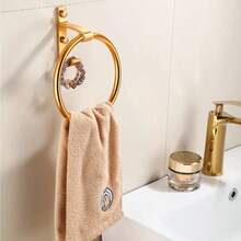 Gold Bathroom Towel Ring Wall-Mounted Space Aluminum Round Towel Rack Bathroom Shower Room Towel Holder With Hooks - Gold - View 3