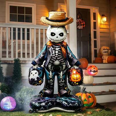 1pc Horror Halloween Balloon With Large Base, Dark Skeleton Foil Balloon, Suitable For Halloween Decoration, Trick Or Treat, Haunted House, Outdoor And Indoor Decor, Horror Element