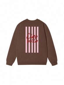 Women's Brown Short Sweatshirt, Pink Vertical Striped Ciao Bella Cursive Back Print Long Sleeve Beach Pullover - Brown - View 4