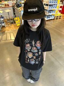Y2K甜酷風女款夏季新款休閒寬鬆卡通蛋糕印花短袖T恤上衣 黑色 - 黑色 - 查看 3