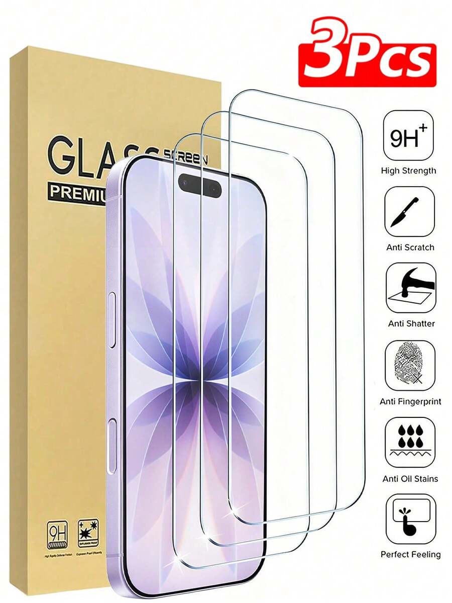 3片裝鋼化玻璃螢幕保護貼，相容 iPhone 17/17 Pro/17 Pro Max/17 Air/16/16 Plus/16 Pro/16 Pro Max/15/14/13/12/11/X/XR/XS/8/7 系列，高清透明全螢幕覆蓋玻璃膜，9H 硬度防刮防指紋，無氣泡易安裝，相容手機殼螢幕保護配件 - 白色 - 查看 1