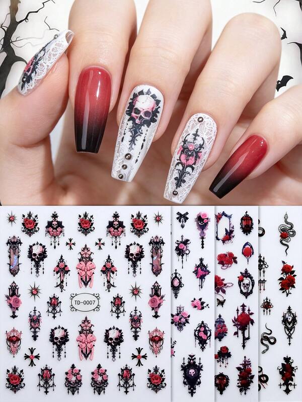 1pc 5D Halloween Jelly Nail Sticker,Gothic Rose,Butterfly,Skull & Gemstone Self-Adhesive Nail Decals, Perfect For Women's Halloween Party And DIY Nail Art.