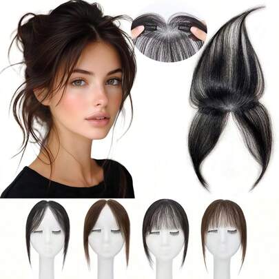 Real Human Hair Forehead Topper Clips In Hair Bangs With Temple Lace Base Hair Frontal Curtain Realistic & Breathable Hair Fringe Hand Knotted Lace Hair Pieces For Women