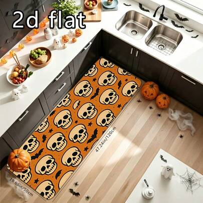 1pc Cartoon Skeleton & Bat Print Kitchen Mat, Quick-Drying Retro Minimalist Style Rug, Large Skeleton With Small Bat & Star All-Over Print Design, Easy To Clean, Suitable For Kitchen, Shower Area, Indoor Hallway, All-Season Use