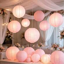 Elegant Pink Paper Lantern Set, Includes 9 Lanterns + 9 Lantern Stands - Round Handmade Folding Decorations, Suitable For Weddings, Birthdays, Anniversaries And Holiday Celebrations - As Shown - View 7