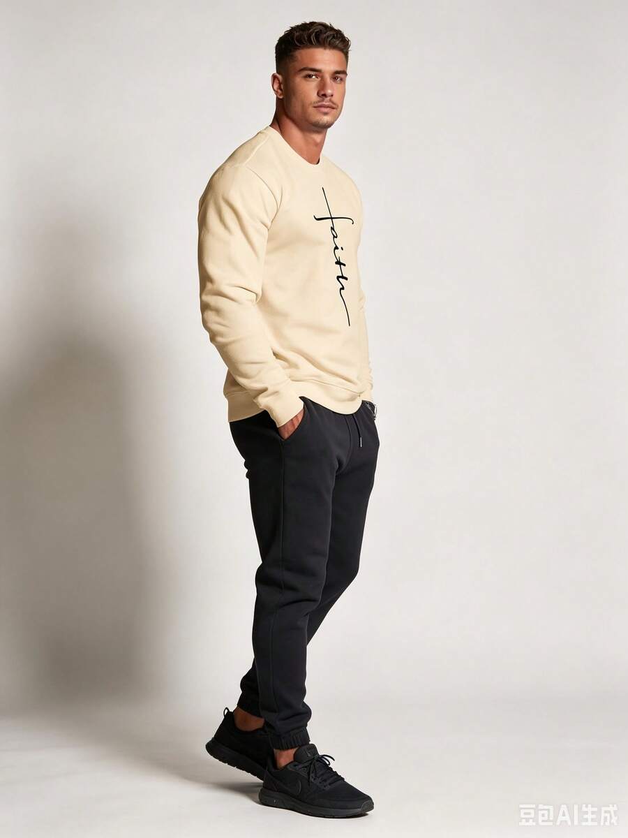 2026New Fashionable Casual Slogan Print Men's Crew Neck Sweatshirt - 杏色 - 查看 1