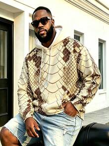 Plus Size Men's Snake Print Hooded Sweatshirt, American Vintage Snake Skin Pattern Loose Drop Shoulder Hoodie, Streetwear All-Over Snake Print Pocket Sweatshirt - Multicolor - View 8