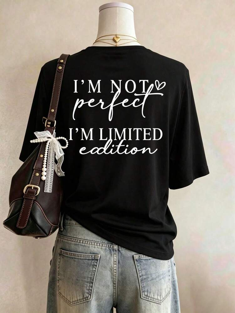 Limited Edition Printed Women T-Shirt | I'm Not Perfect, Casual Round Neck Short Sleeve Top, Fashionable For Spring & Summer Black - Black - View 9