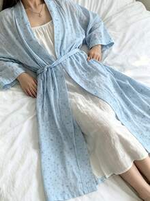 Women's Bathrobe, Comfortable Bathing Robe For Teenagers, Suitable For Reading At Home, Fresh Korean Style Bow Print Bathrobe, Spring/Autumn New Comfortable Loungewear Nightgown - Mint Blue - View 6
