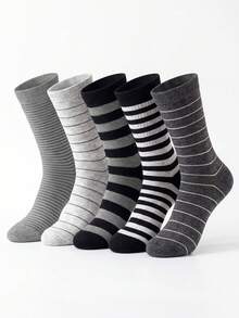 3/5/10 Pairs Random Assorted Unisex Retro Grey Tone Thick & Thin Horizontal Striped Ribbed Skin-Friendly Durable Comfortable Breathable Korean Minimalist Mid-Calf Socks For Daily Wear, Home, Commuting, Holiday Gifts, Office - Multicolor - View 3