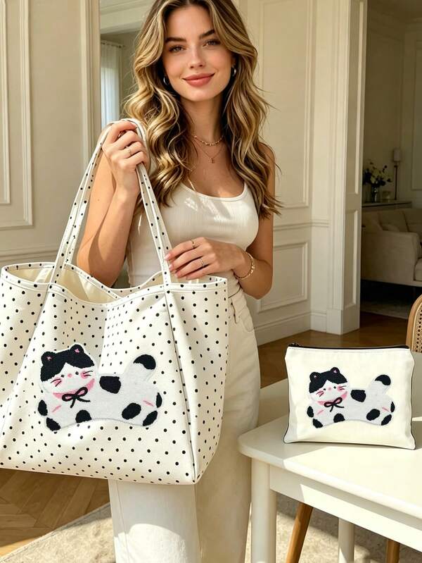Large Capacity White Polka Dot Cat Tote Bag Set, Cute Cat & Dog Towel Embroidery Patch Decor Shoulder Bag, Travel Handbag, Fashionable Foldable Shopping Bag, Toiletries Storage Bag, Travel Makeup Bag, Suitable For Vacation, Travel, Office, Commute, Campus, Dorm, Perfect Birthday Gift, Back To School Gift, Teacher's Day Gift, Back To School Season Gift