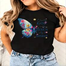 Kawaii, Peace Love And Stars, 100% Cotton, Oversized, Soft Breathable, Casual Crewneck, Short Sleeve Top, Summer Vibes, Y2K Aesthetic, Streetwear, Retro, Romantic, Spring Vibes - 黑色 - 查看 1