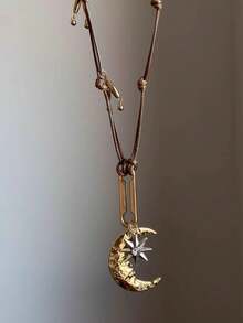 HOTNICE Collar con colgante geométrico de estrella, luna y borla, de metal y cuero, estilo retro elegante adecuado para reuniones de mujeres y uso diario - Marrón - Ver 3
