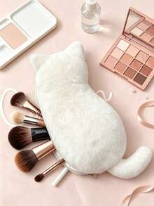 Cute Plush Cat-Shaped Makeup Brush Bag, Soft Plush Cosmetic Storage Bag With Zipper Closure, Suitable For Makeup Brushes, Lipsticks And Other Small Beauty Tools - Multicolor - View 4
