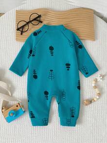 Lake Blue Fishbone Print Baby Full Foot Zipper Jumpsuit, Elastic Long Sleeve Stand Collar Newborn Outing Daily Crawl Suit - Blue - View 2