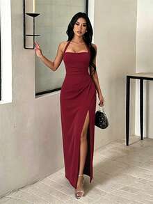 Summer, Party Elegant Dress, Sexy Pleated Slit Wedding Guest Dress, Women's Vacation Wear, Beach, Festival, Back To School - Burgundy - View 1