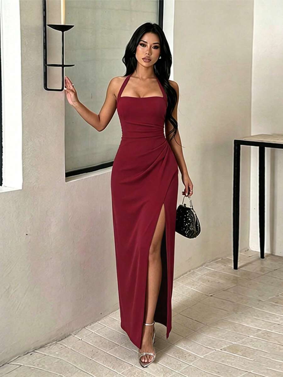 Summer, Party Elegant Dress, Sexy Pleated Slit Wedding Guest Dress, Women's Vacation Wear, Beach, Festival, Back To School - Burgundy - View 1
