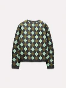 Senya 2026 Women's Diamond Pattern Knit Cardigan, Green-Grey Round Neck Button Sweater, With Pockets, College Style Vintage Comfortable Long Sleeve Autumn/Winter Top - Army Green - View 6
