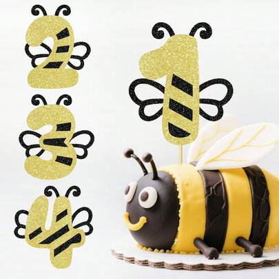 1pc Black & Gold Glitter Bee Shaped Number 1.2.3.4 Cake Topper, Wasp Theme Birthday Party Dessert Table Decoration, Baking Cake Decor