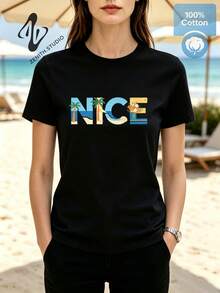 Nice French Riviera Graphic Tee, Coastal Summer Aesthetic Illustration, Soft Cotton Crewneck Tee For Women, Daily Top - Black - View 1