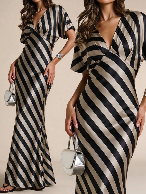 Fall V Neck Slimming Stripe Knit Long Sleeve Waist Fitted Midi Dress Date Afternoon Tea Elegant Summer