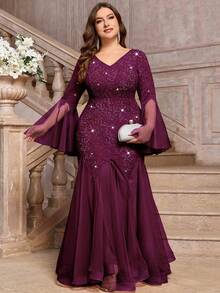 Plus Size V-Neck Floral Lace Sequin Patchwork Contrast Mesh Long Sleeve Mermaid Hem Evening Party Dress, Wedding Guest Dress, Prom Dress, Birthday Suitable - Maroon - View 6