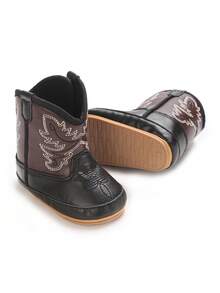 American Maple Leaf Embroidered Denim Infant Ankle Boots, Unisex Infant Autumn/Winter Vintage Patchwork Soft Sole Outdoor Walking Shoes - Black - View 5