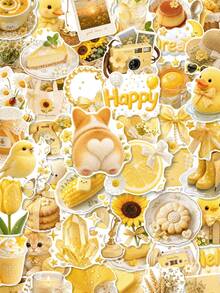 50 Pcs Yellow Fluffy Plush Vinyl Stickers, Glossy Realistic Floral Dessert Puppy Duck Cat Bow Decals, Warm Cream Pastel Waterproof Stickers For Vision Board, Journal, Laptop, Tablet & Scrapbook Crafts - Multicolor - View 1