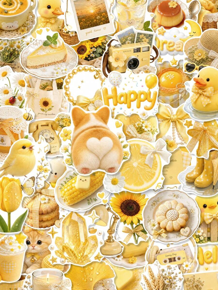 50 Pcs Yellow Fluffy Plush Vinyl Stickers, Glossy Realistic Floral Dessert Puppy Duck Cat Bow Decals, Warm Cream Pastel Waterproof Stickers For Vision Board, Journal, Laptop, Tablet & Scrapbook Crafts - Multicolor - View 1