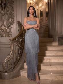 Vestido de noche elegante para mujer, sexy, con hombros descubiertos, espalda descubierta, de lujo, con flecos de strass, largo, tipo vendaje, para boda de otoño - Gris - Ver 6