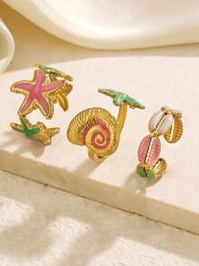 3pcs Stainless Steel 18K Gold Plated Summer Vacation Casual Style Colorful Starfish Shell Ring Set Suitable For Women Daily, Holiday, Vacation, Date Wear - Multicolor - View 3