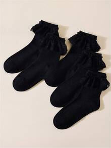 1/3/5 Pairs Women's Black Lace Ruffle Trim Short Socks, Soft Breathable Ribbed Knit Ruffle Mid-Calf Socks, Suitable For Daily Wear, Party, Cosplay, Vintage Ballet Core Lolita Princess Dress Socks - Black - View 2