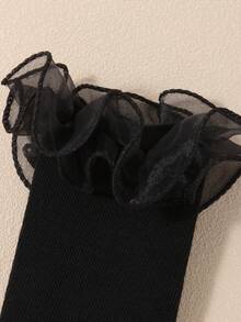 1 Pair Girls Solid Color Ruffle Trim Cute Casual Mid-Calf Socks, Soft Breathable Ruffle Socks For Girl, Suitable For Fall Winter Black Lace Socks - Multicolor - View 6