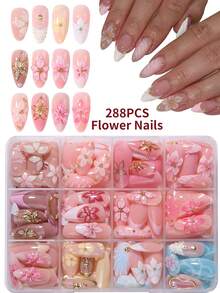 288片長杏仁形3D凝膠美甲貼片，花卉與法式美甲設計，鑲鑽珍珠裝飾假指甲套組，適合女性與女孩日常配戴，亦適用於派對與其他場合 - 彩色 - 查看 8