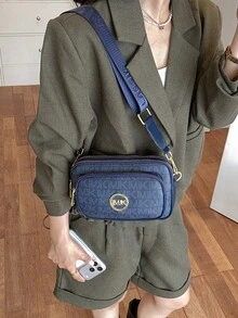 Dedoo 女款字母印花 PU 相機斜挎包，金屬 Logo 多拉鍊口袋休閒手提包，大容量，校園背包，適合大學校園 - 藍色 - 查看 4