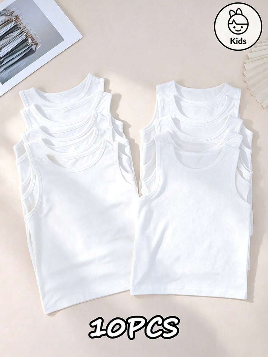 10 piezas Camiseta sin mangas de unicolor para niña joven, unicolor, estilo versátil y sencillo adecuado para primavera y verano - Blanco - Ver 1