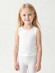 10 piezas Camiseta sin mangas de unicolor para niña joven, unicolor, estilo versátil y sencillo adecuado para primavera y verano - Blanco - Ver 7