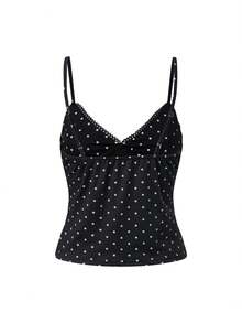 Women Polyester Polka Dot Spaghetti Strap Tank Tops Y2K Fairycore Lace Trim Corset Camisole V Neck Slim Cami Tops Cute Crop Tops Summer Going Out Top - 黑色 - 查看 5