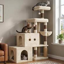 Cat Tree Tower, Scratching Posts With 2 Spacious Condos, 2 Platforms, Self-Grooming Brush, Cozy Basket, Step-By-Step Climbing Pathway For Indoor Cats, 51.2 Inches, Beige And Brown - Beige and Brown - View 8