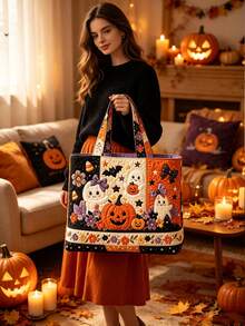 1pc Women's Halloween Tote Bag & Coin Purse Set - Large Capacity Crossbody Bag, Storage Bag, Organizer Bag, Women's Beach Bag, Also Can Be Used As Makeup Bag, Laundry Basket, Cute Pumpkin & Bat Print, Machine Washable & Reusable Tote Bag, Suitable For Travel, Shopping, Daily Use, Holiday Essential, Travel Essential, Gift Essential - View 3