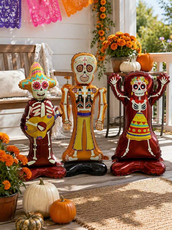 1pc Standing Day Of The Dead Balloon, Multiple Standing Skeleton Decor Balloons, Suitable For Day Of The Dead Decoration, Halloween Party, Mexican Halloween, Horror Atmosphere Decor Photography Props
