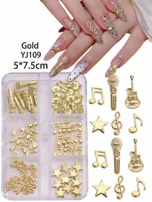 6-Grid Box Music Theme Nail Art Metal Charms Musical Notes Microphone Guitar Star Multi-Style Gold & Silver Box DIY Wearable Nail Decoration Accessories - Multicolor - View 6