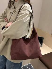 時尚復古休閒簡約通勤大容量托特包 女款小眾單肩包 - 咖啡 - 查看 4