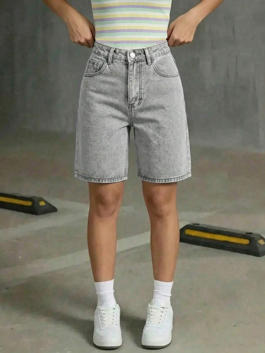 少女休闲灰色纽扣口袋牛仔短裤 - 灰色 - 查看 1