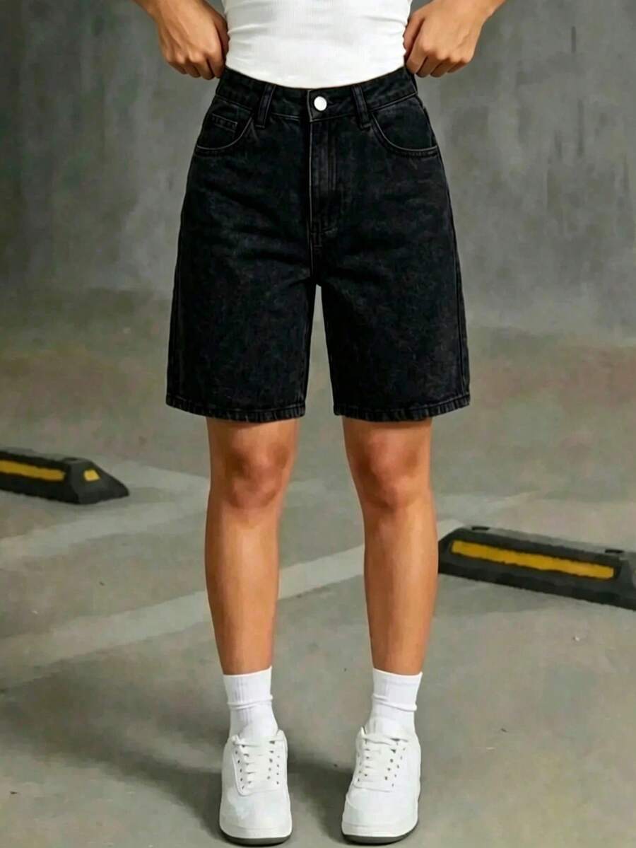 青少年女孩休閒灰色鈕扣口袋牛仔短褲 - 黑色 - 查看 1