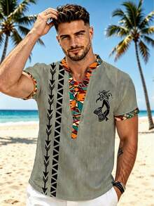 Men's Printed Short Sleeve Henley Shirt, African Pattern V-Neck Stand Collar Casual Top - Multicolor - View 1