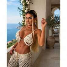 Saidas Vestidos Conjuntos de Praia Feminino Todos Acompanha Biquíni Trabalho a Mão Conchas Búzios Chique Luxo Resort Calças Top Pedras Festas Reveillon Tendencia Verão 2026/2027 Perolas top - calca + top - Visão 3
